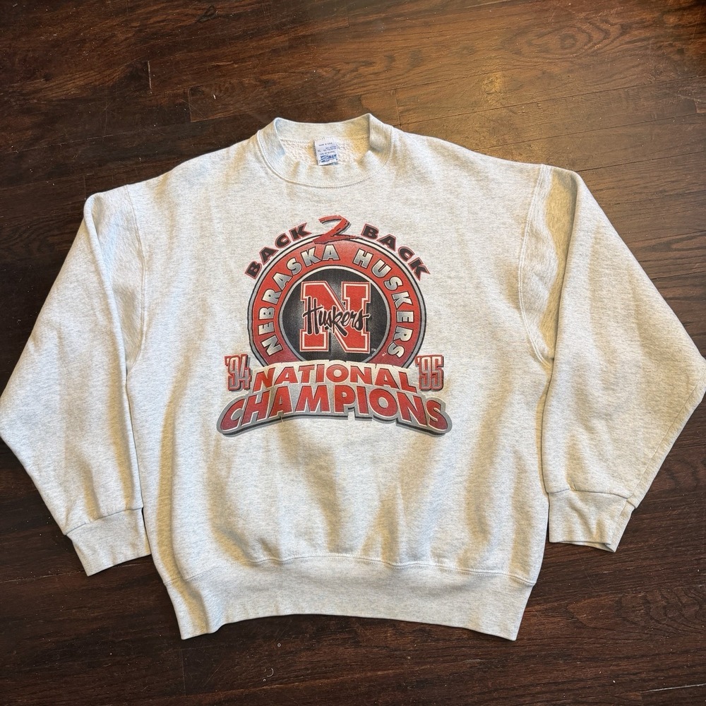 Vintage Nebraska Huskers Back 2 Back Champions Crewneck Sweatshirt Grey XL